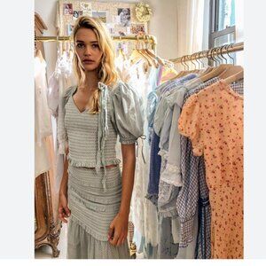 LoveShackFancy Tilly Top, Green Polka Dot, Smock, Ruffle, Small